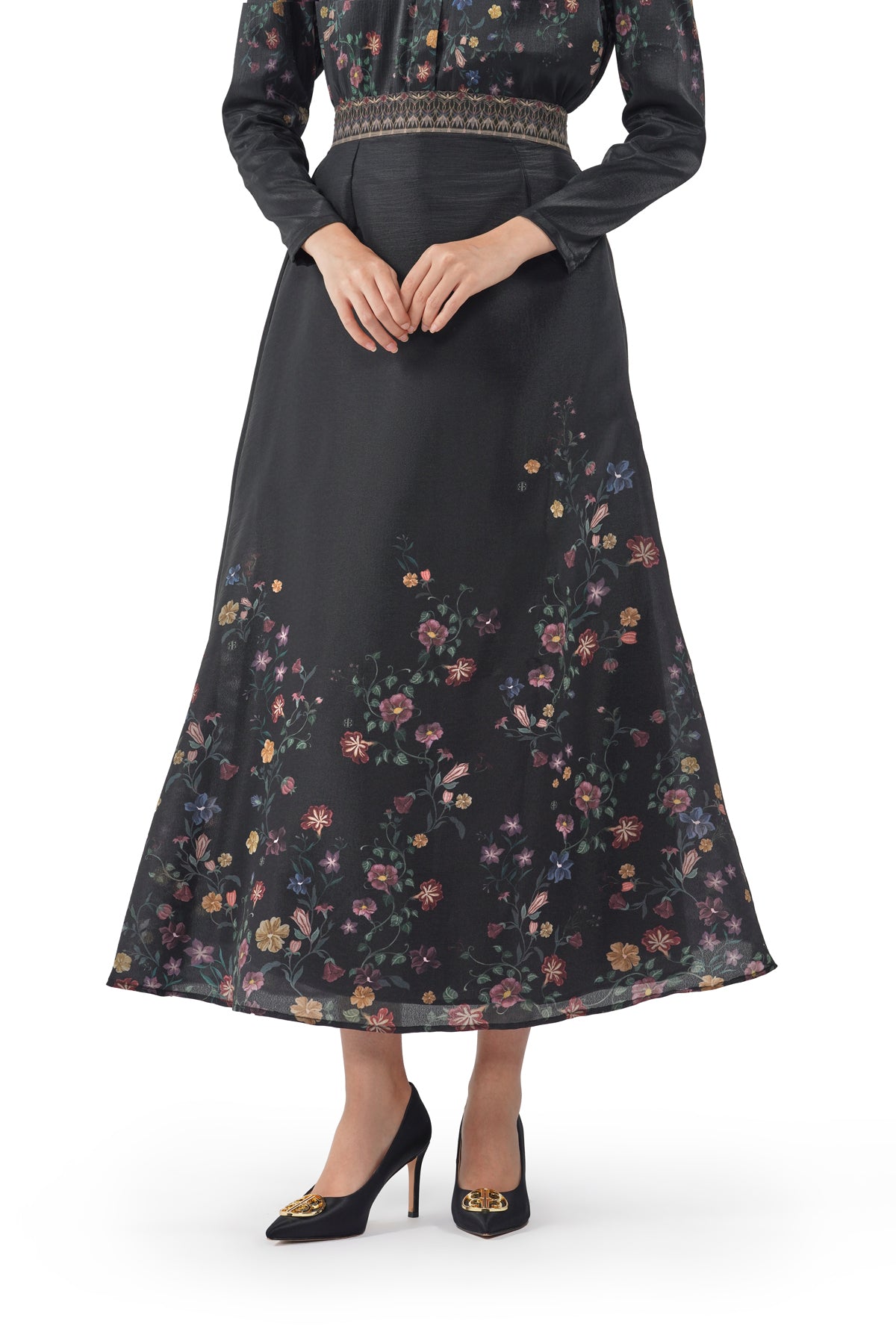 Abu Dhabi Blossom Flare Skirt - Black - Nada Puspita
