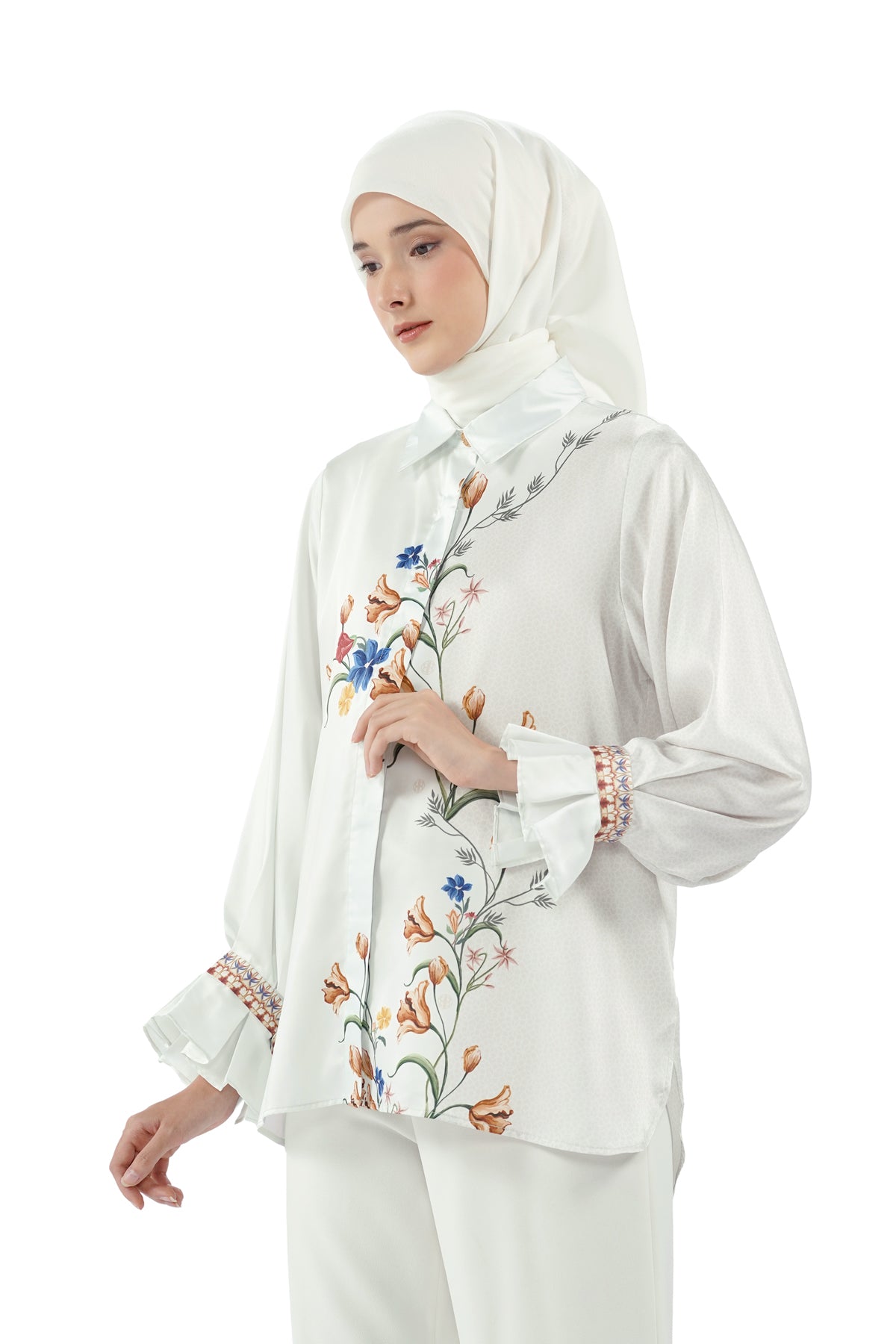 Abu Dhabi Blossom Ruffle Sleeve Shirt - Cream - Nada Puspita