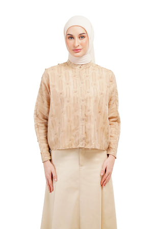 Daisy Embroidery Batwing Crop Shirt - Beige
