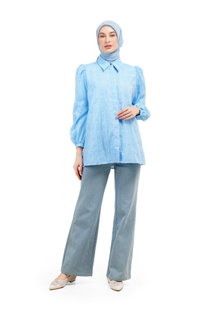 Daisy Embroidery Puffy Shirt - Blue