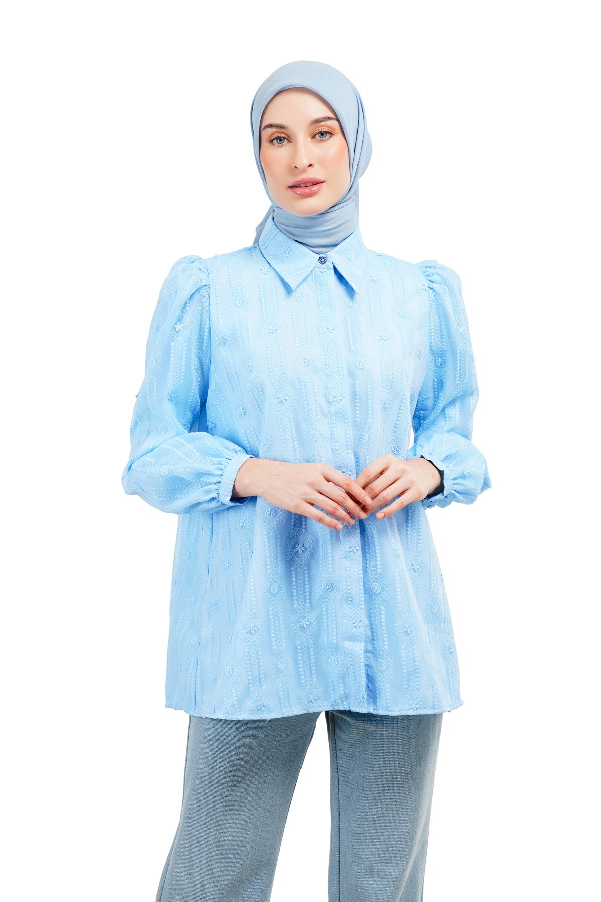 Daisy Embroidery Puffy Shirt - Blue