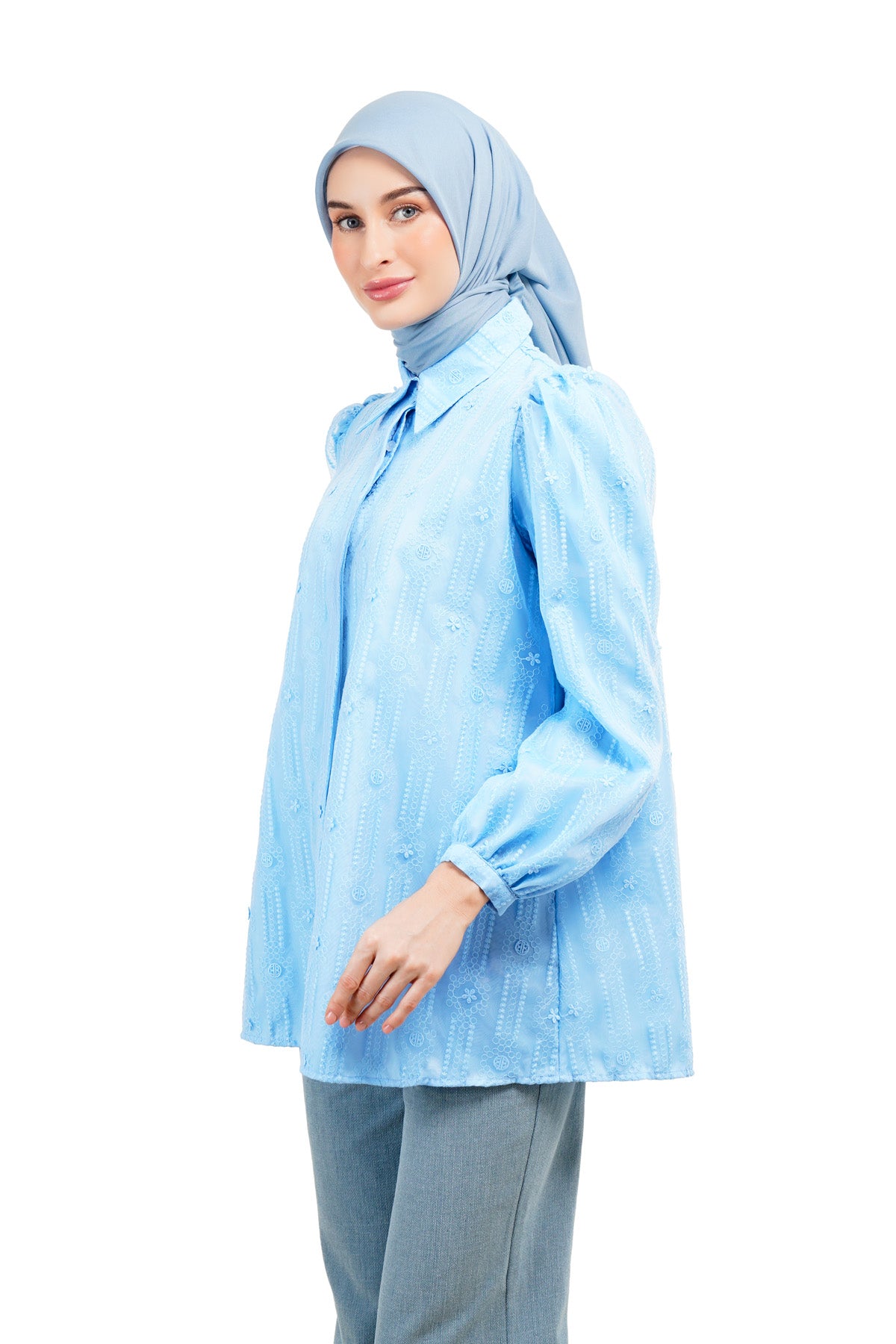 Daisy Embroidery Puffy Shirt - Blue