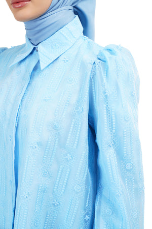 Daisy Embroidery Puffy Shirt - Blue