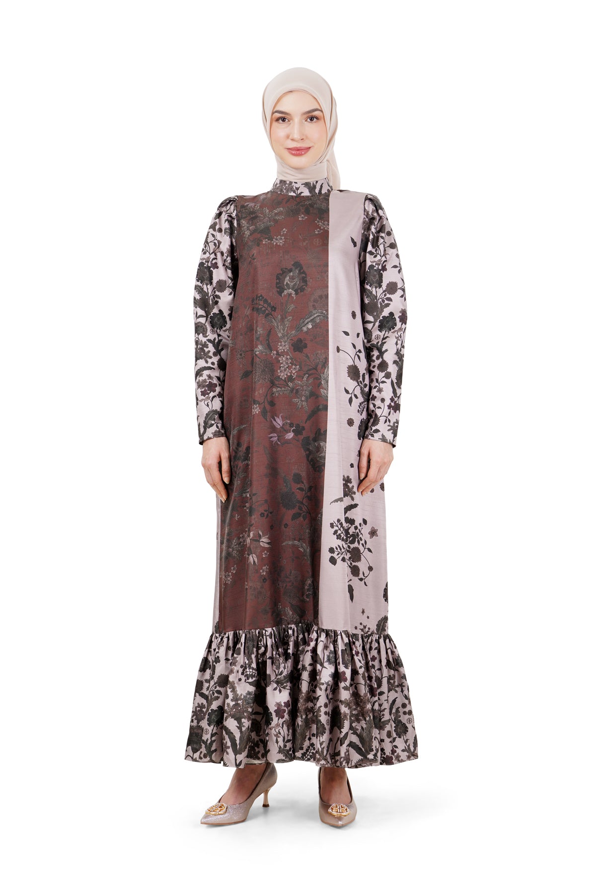 Ethnic Elegance Ruffle Dress - Brown