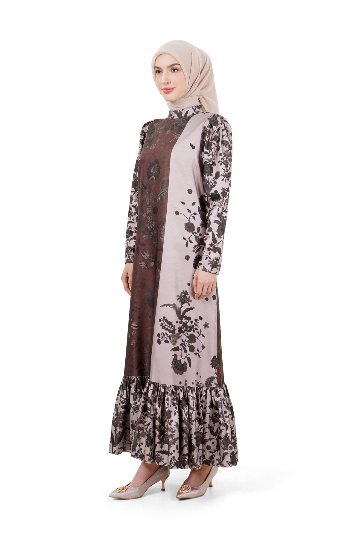 Ethnic Elegance Ruffle Dress - Brown
