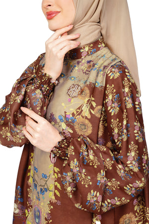 Fleur Gala Puff Sleeve Dress - Brown