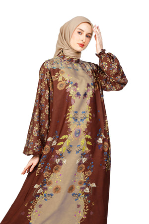 Fleur Gala Puff Sleeve Dress - Brown