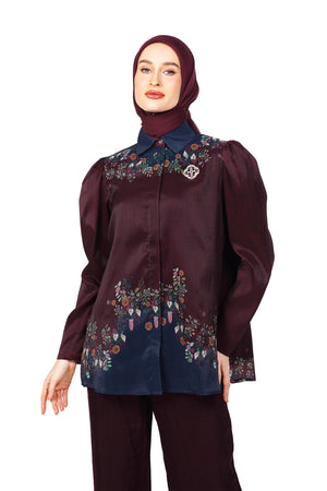 Fleur Gala Puffy Sleeve Shirt - Maroon