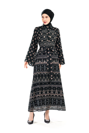 Ikat Blossom Loose Dress - Black