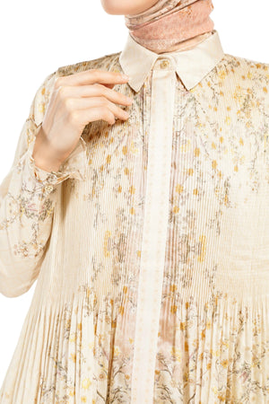 Ikat Blossom Pleated Shirt - Beige