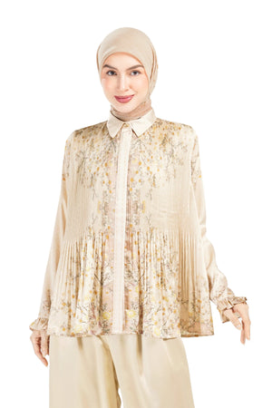 Ikat Blossom Pleated Shirt - Beige