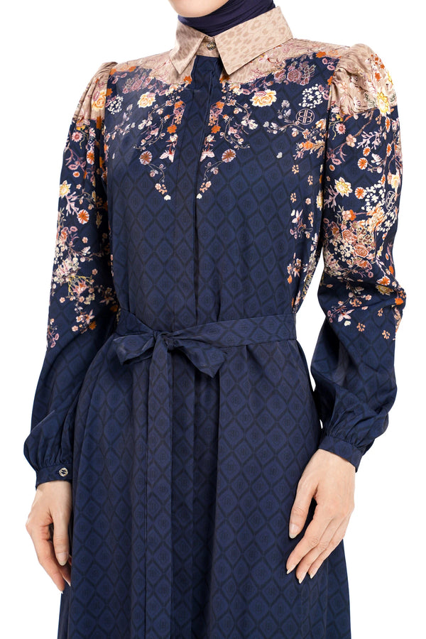 Ikat Blossom Puff Shirt Dress - Midnight
