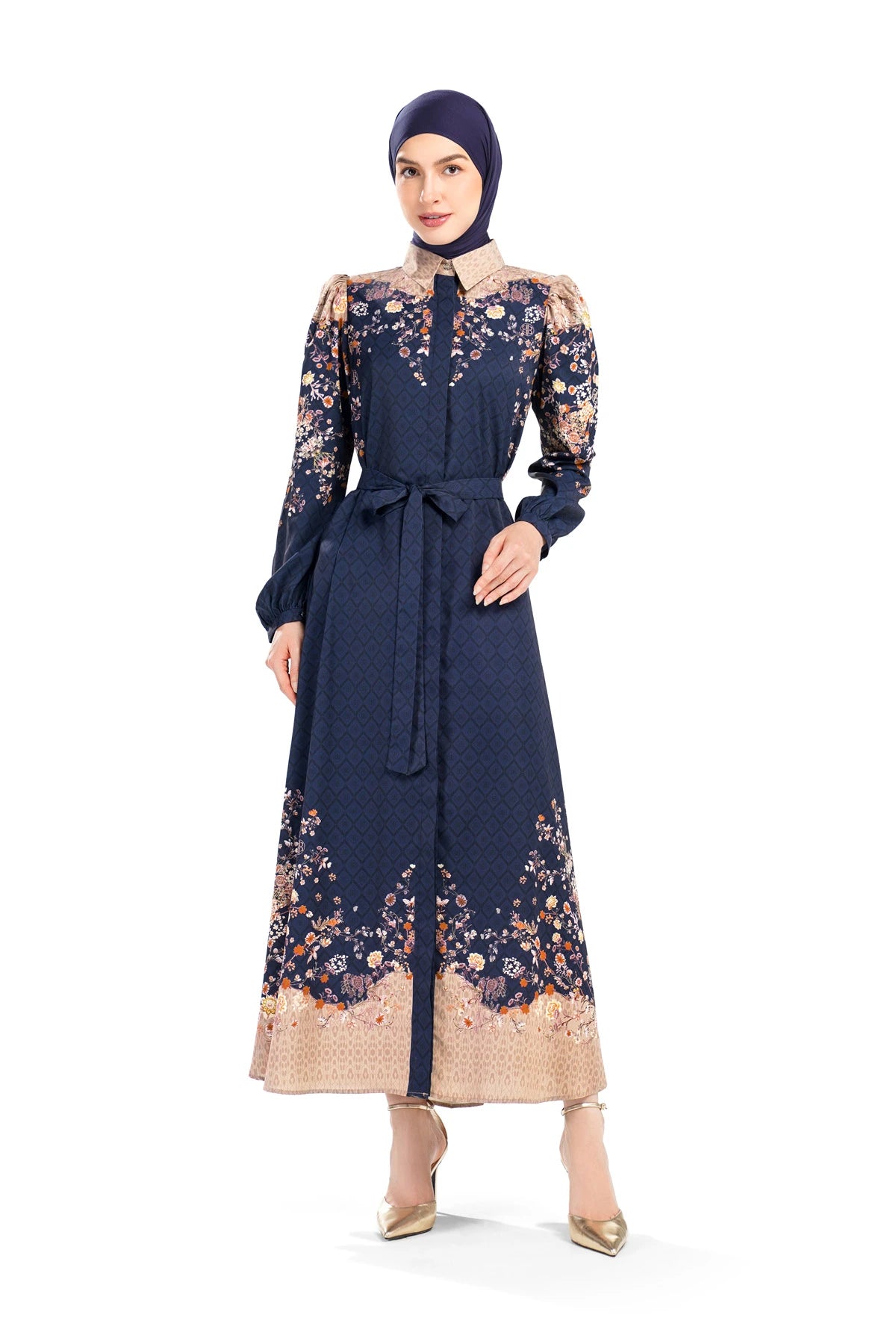 Ikat Blossom Puff Shirt Dress - Midnight