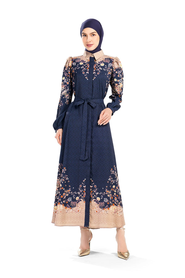 Ikat Blossom Puff Shirt Dress - Midnight
