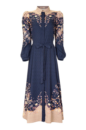 Ikat Blossom Puff Shirt Dress - Midnight