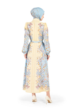Ikat Blossom Puff Shirt Dress - Sky Blue