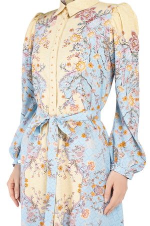Ikat Blossom Puff Shirt Dress - Sky Blue