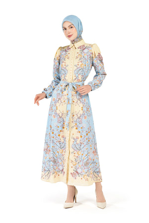 Ikat Blossom Puff Shirt Dress - Sky Blue