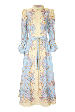 Ikat Blossom Puff Shirt Dress - Sky Blue