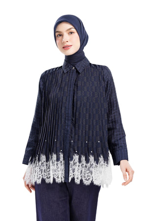 Intertwined Lace Beaded Shirt - Navy
