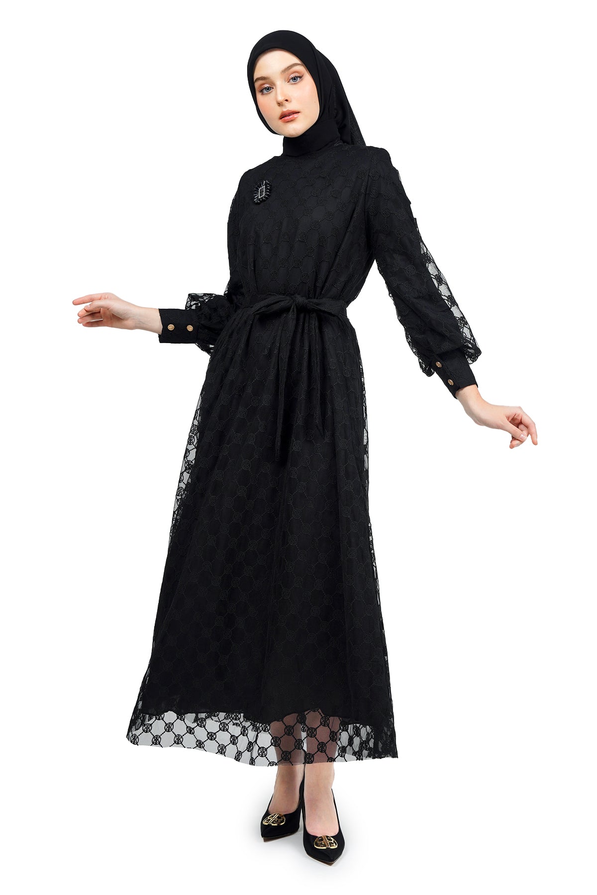 Ikat Harmony Monogram Lace Long Dress - Black