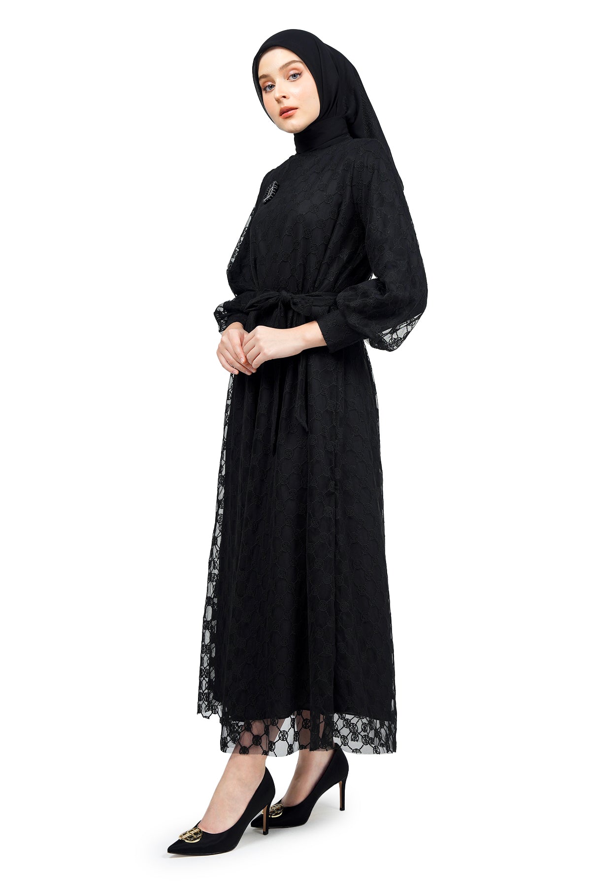 Ikat Harmony Monogram Lace Long Dress - Black