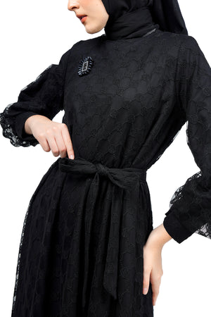 Ikat Harmony Monogram Lace Long Dress - Black