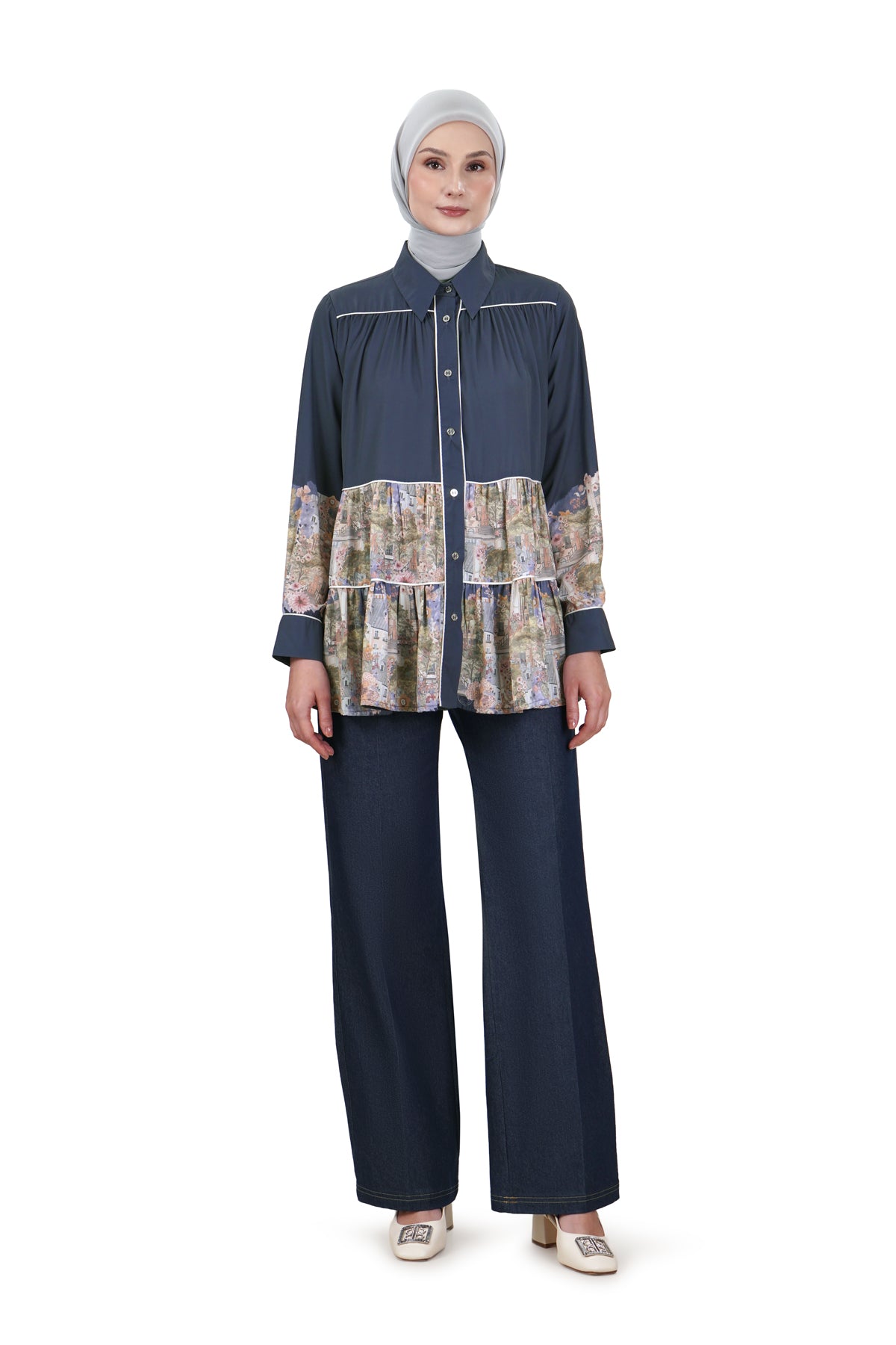 Postcard Tiered Shirt - Navy