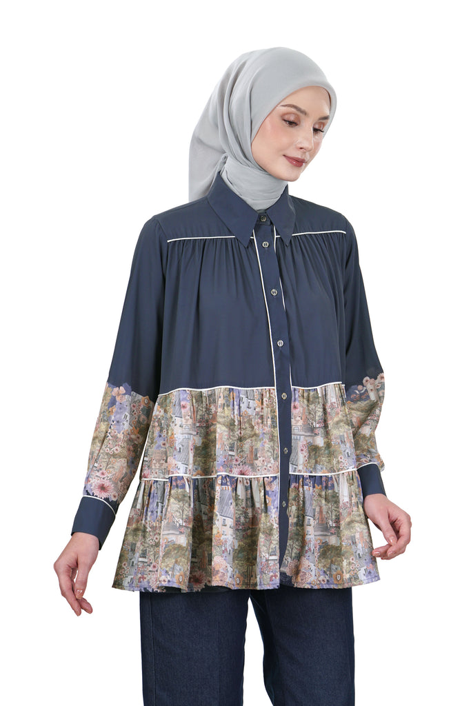 Postcard Tiered Shirt - Navy - Nada Puspita