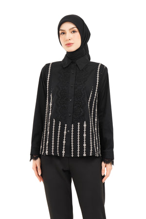 River Embroidery Droptail Shirt - Black