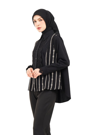 River Embroidery Droptail Shirt - Black