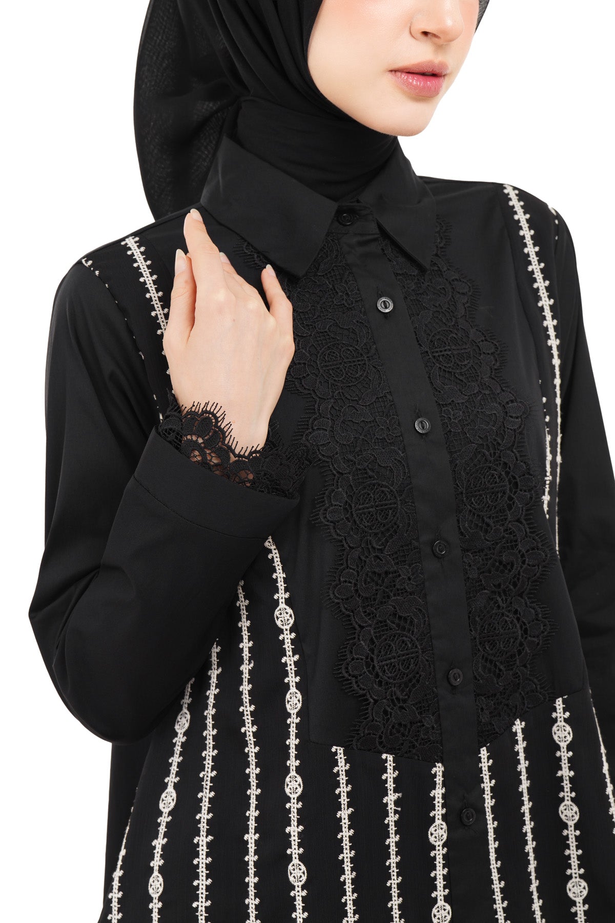 River Embroidery Droptail Shirt - Black - Nada Puspita