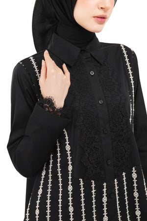 River Embroidery Droptail Shirt - Black