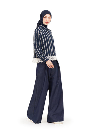 River Embroidery Lace Shirt - Navy