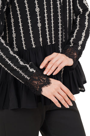 River Embroidery Ruffled Shirt - Black