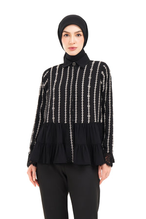 River Embroidery Ruffled Shirt - Black