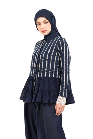 River Embroidery Ruffled Shirt - Navy