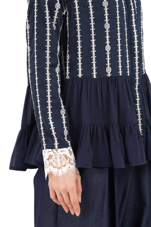 River Embroidery Ruffled Shirt - Navy