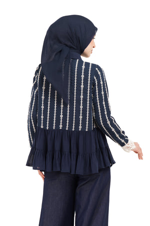 River Embroidery Ruffled Shirt - Navy