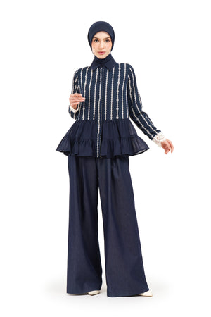 River Embroidery Ruffled Shirt - Navy