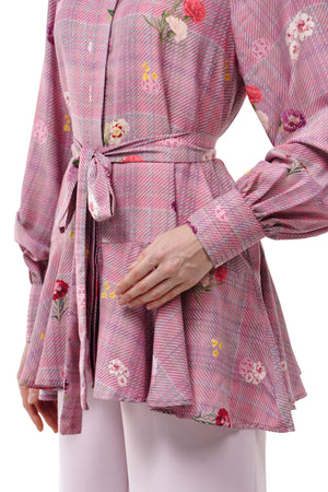 Tartan Fairy Peplum Shirt - Dusty Pink