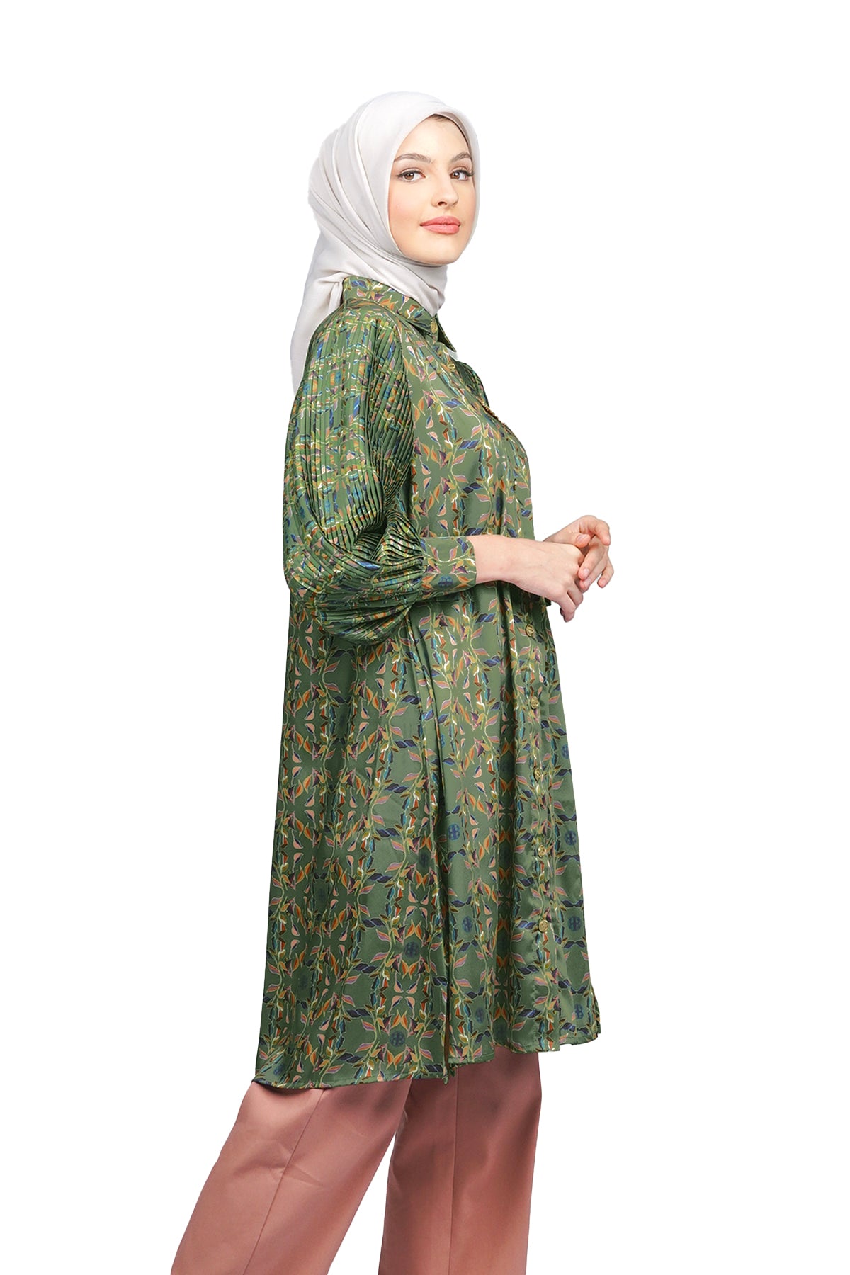 Viola Pleated Sleeve Tunic - Olive - Nada Puspita