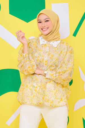 Floral Shirt with Lace Collar - Yellow