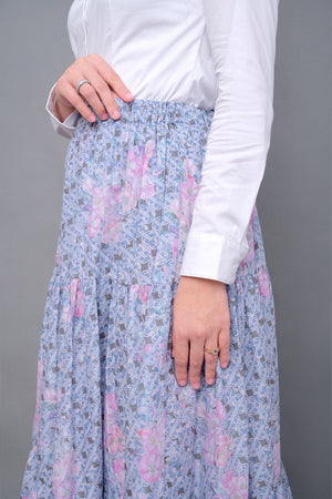 Monogram Flower Tiered Skirt - Blue