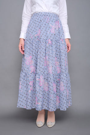 Monogram Flower Tiered Skirt - Blue