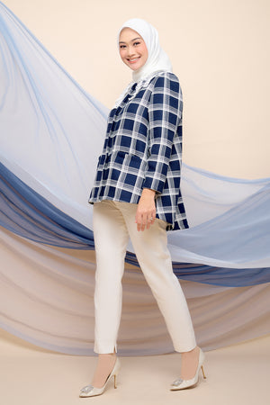 Plaid Blouse with Lace Collar - Navy