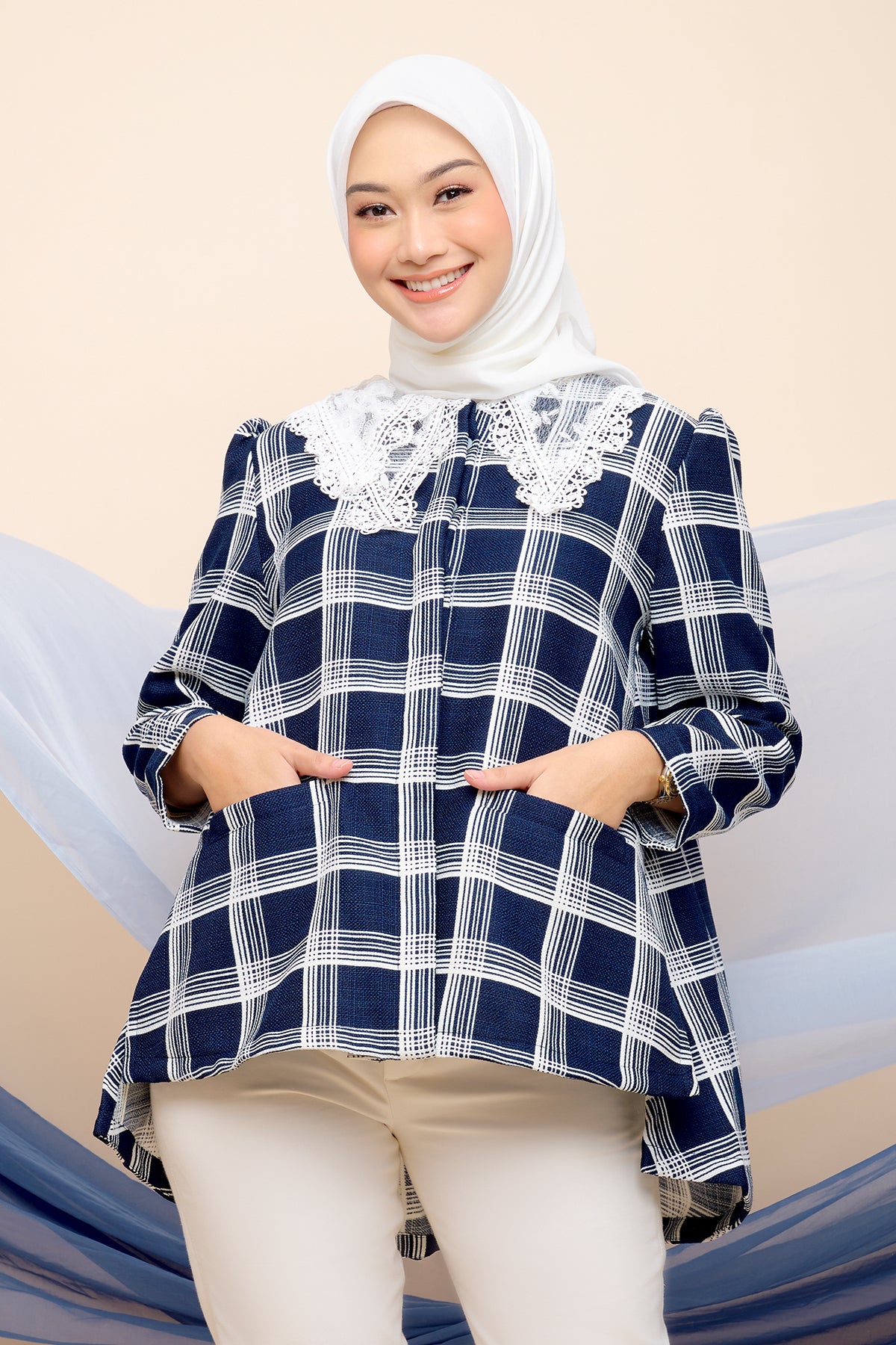 Plaid Blouse with Lace Collar - Navy