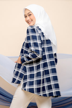 Plaid Blouse with Lace Collar - Navy