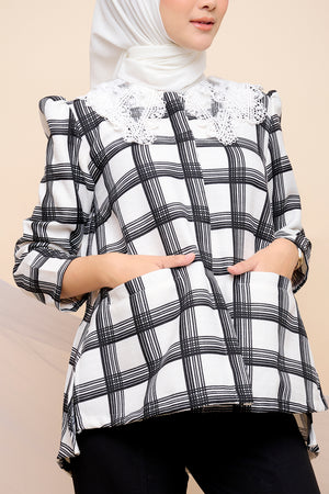 Plaid Blouse with Lace Collar - White